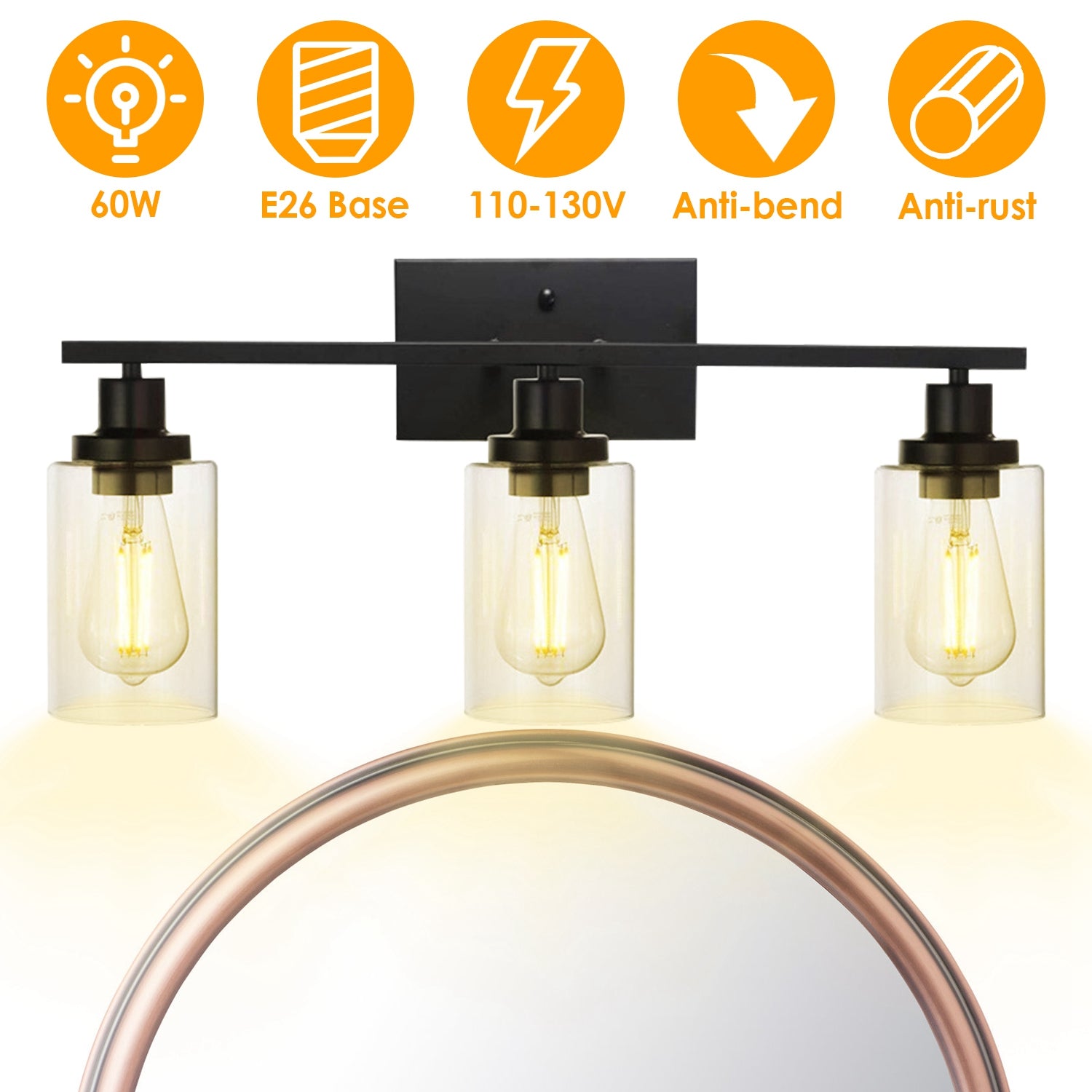 3-light matte black wall sconce with clear cylindrical glass shades on white background