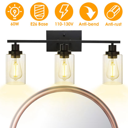 3-light matte black wall sconce with clear cylindrical glass shades on white background