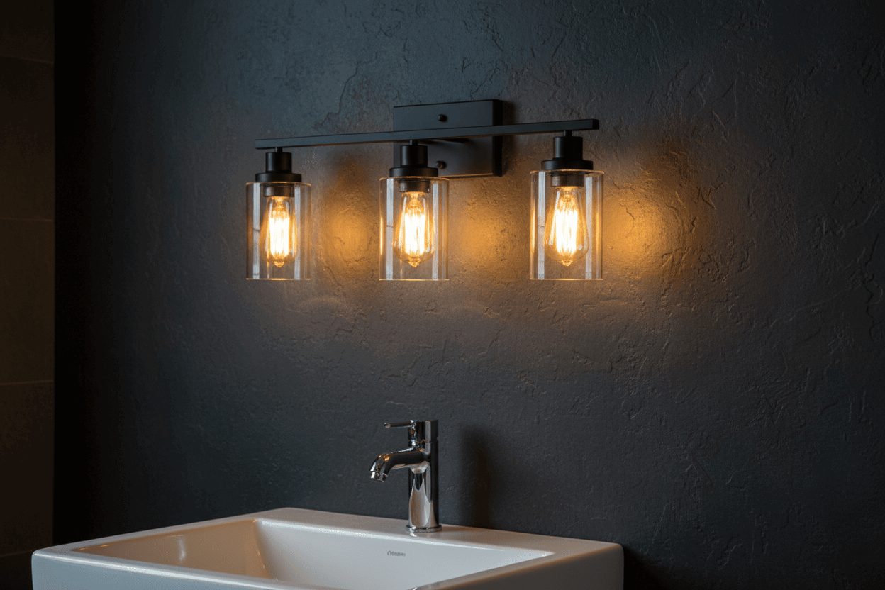 Matte black 3-light wall sconce casting dramatic contrast light on interior wall
