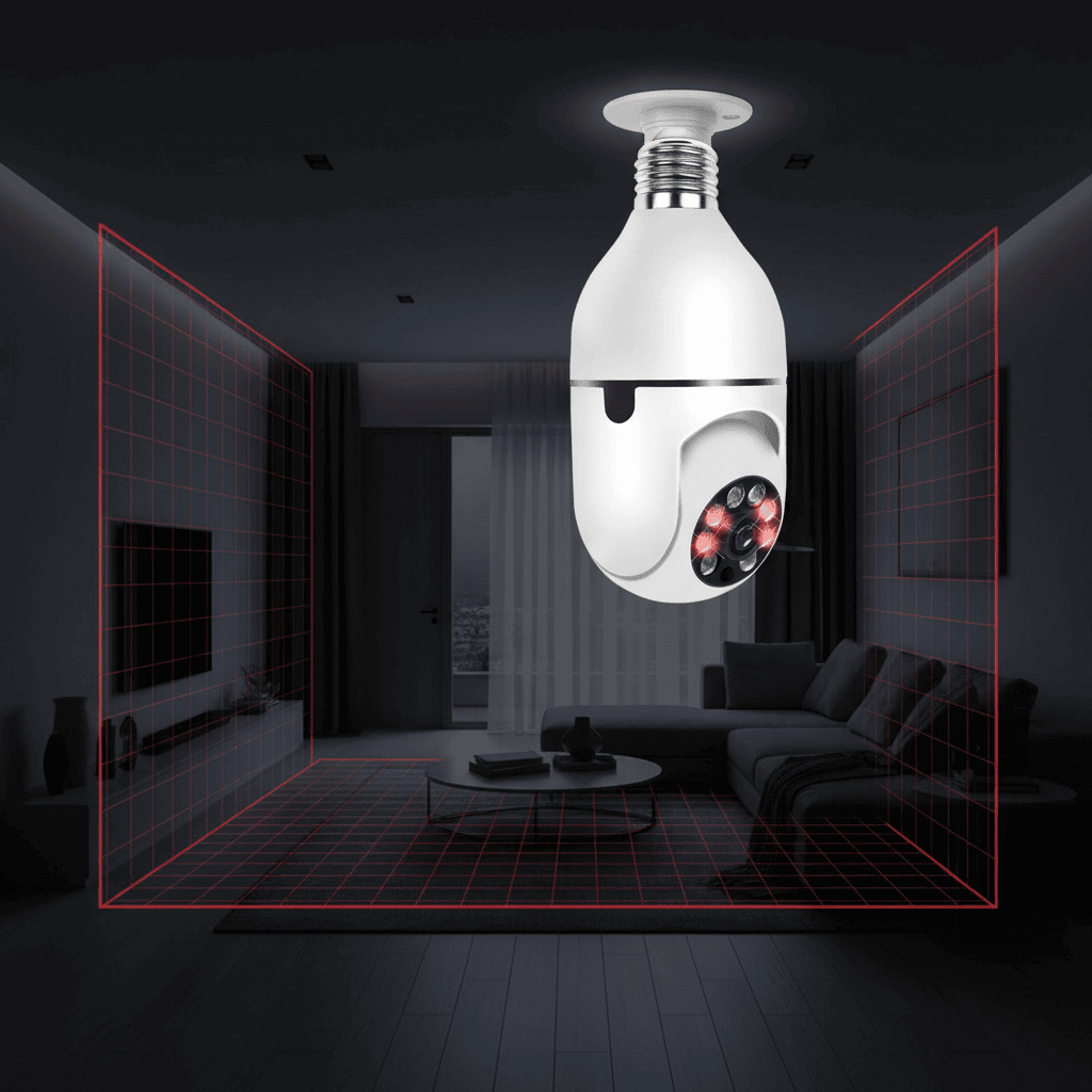 E27 bulb camera showing motion detection alert on smartphone app