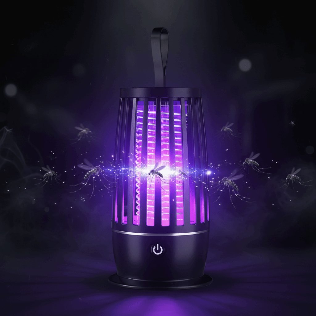 UV mosquito killer lamp showing 365nm light attracting insects in dark room