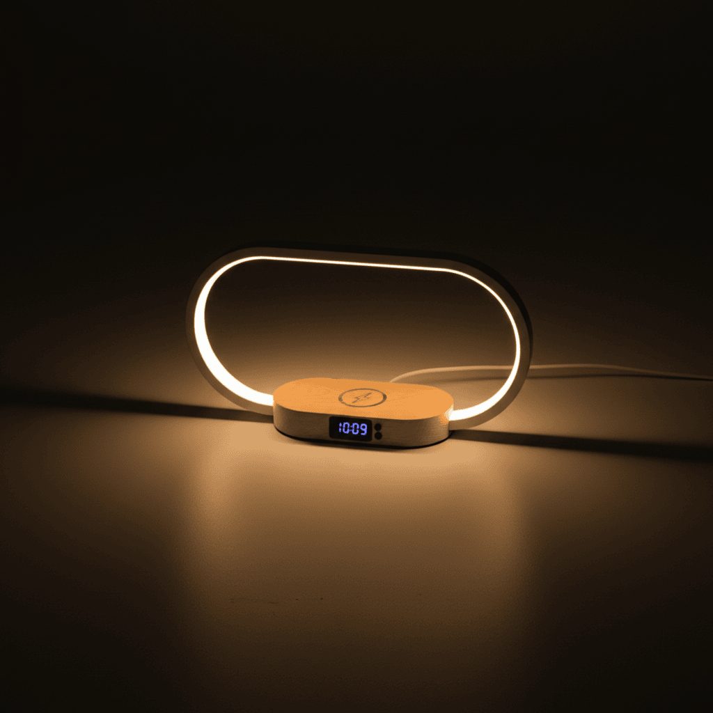 Bedside lamp casting warm light pattern on wall in dark room setting