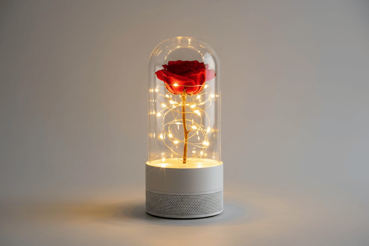 Rose night light showing Bluetooth speaker and color modes