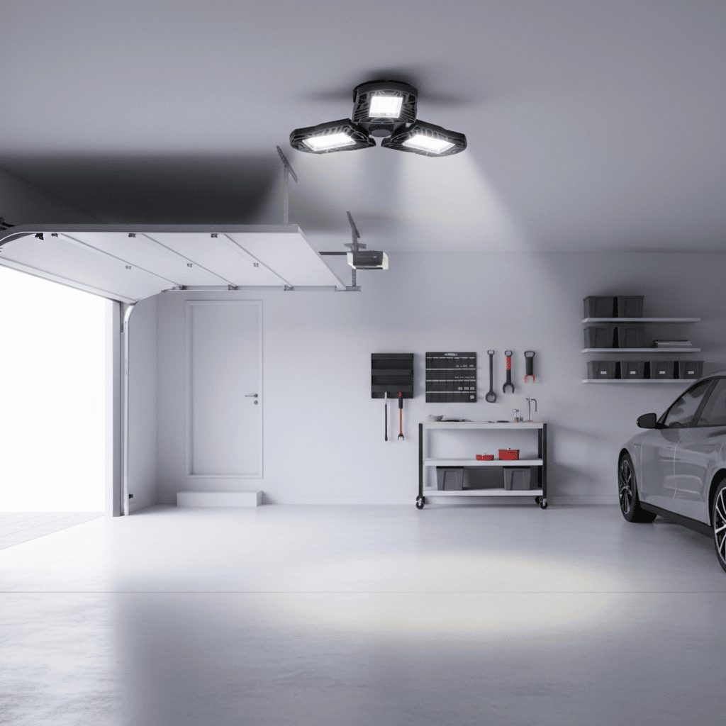 Deformable LED garage light installed on ceiling illuminating modern garage interior