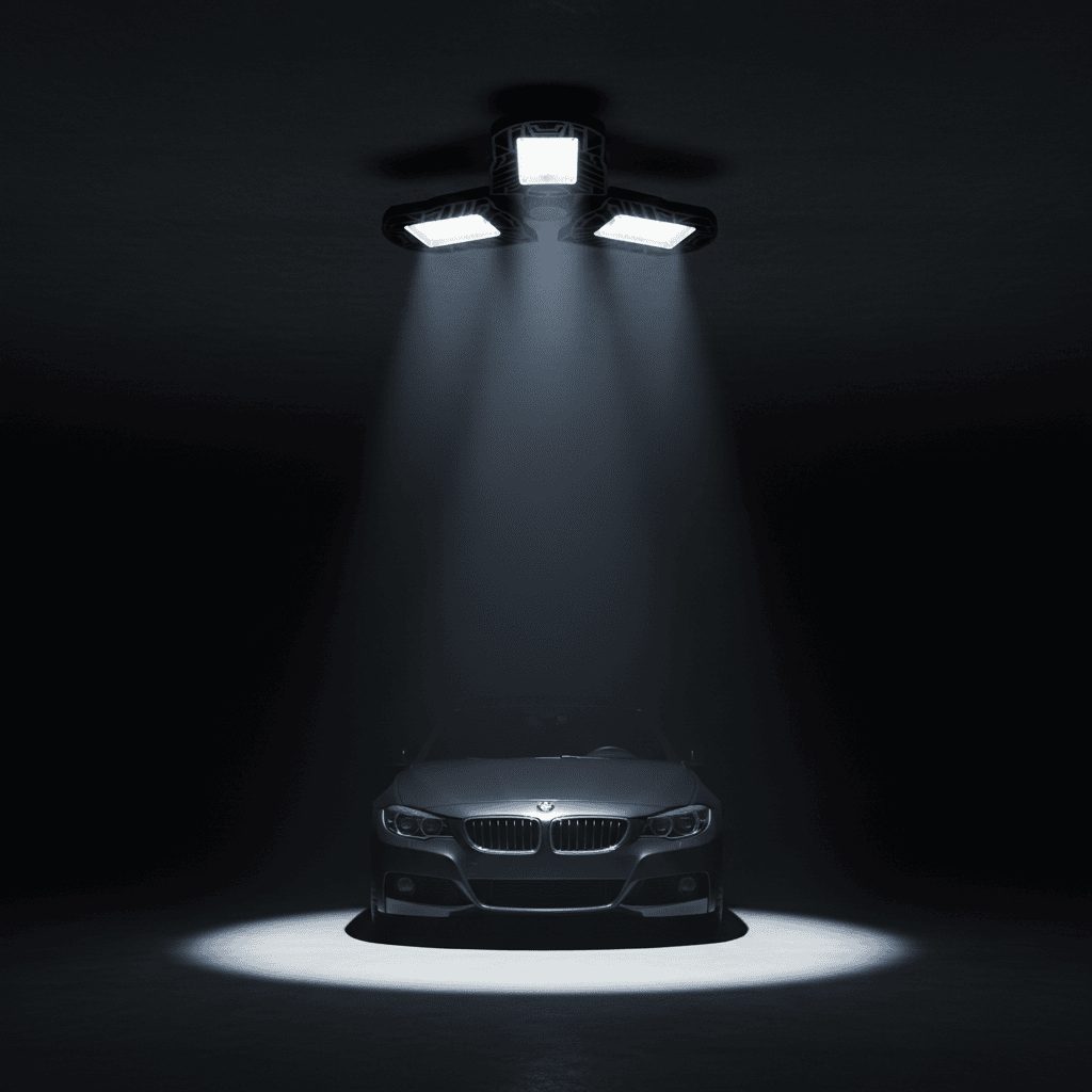 LED garage light casting bright white light downward in dark garage at night