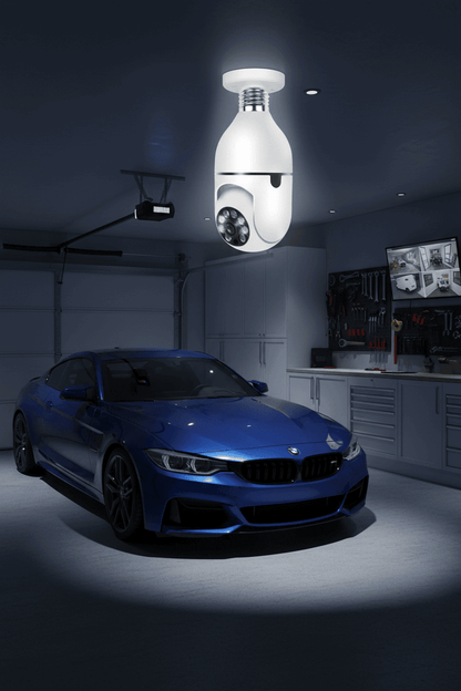 WiFi bulb security camera installed in garage for commercial surveillance