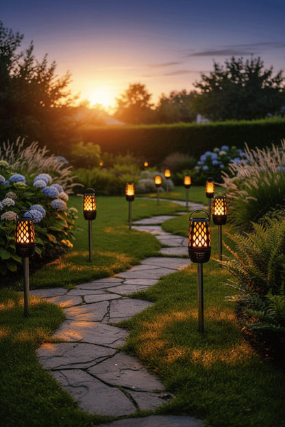 Outdoor Bluetooth speaker with LED flame light installed as garden stake along pathway