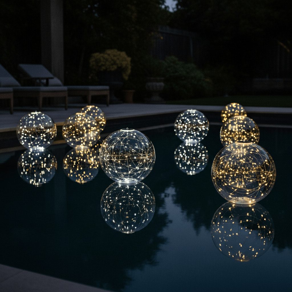 Solar floating pool lights glowing on dark water surface at night