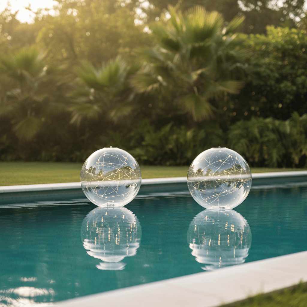 Solar globe lights floating on luxury swimming pool in daytime
