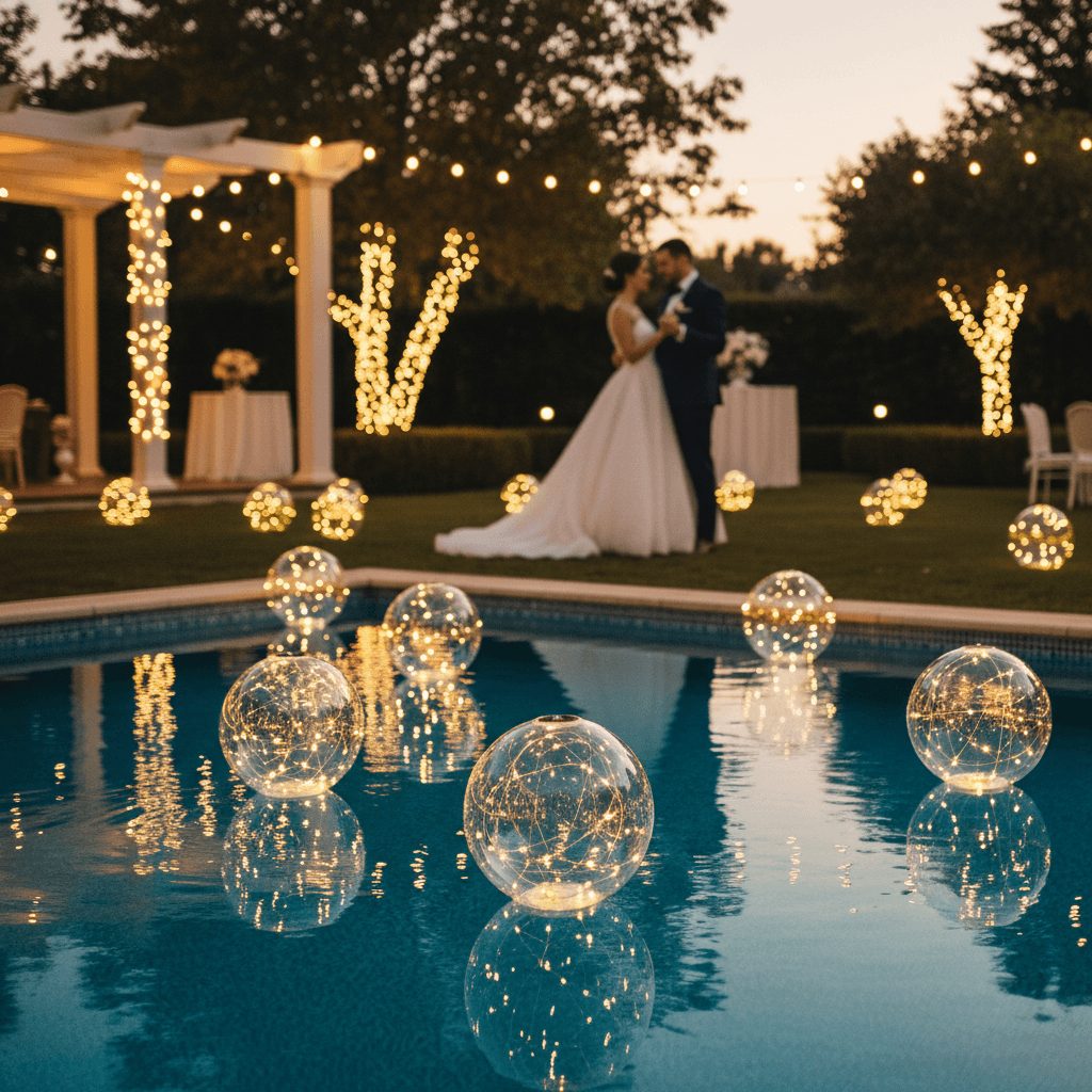Solar inflatable globe lights floating at outdoor wedding venue at dusk