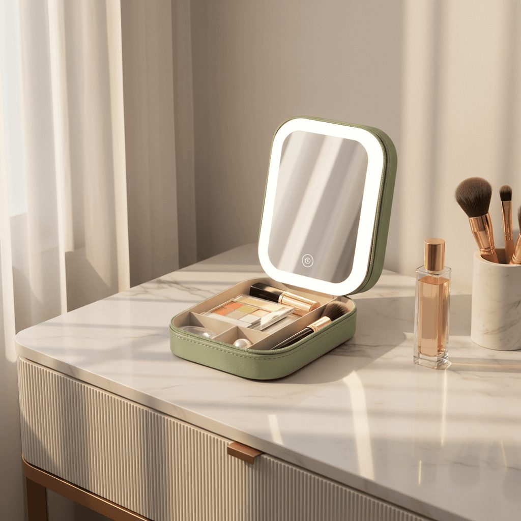 Green travel makeup bag with LED mirror open on dressing table