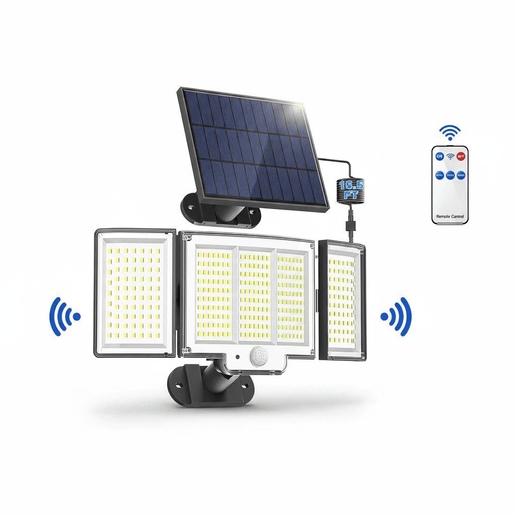 Solar motion sensor outdoor light front view on white studio background