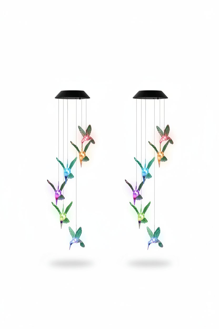 Solar hummingbird wind chime light 2-pack set on white studio background