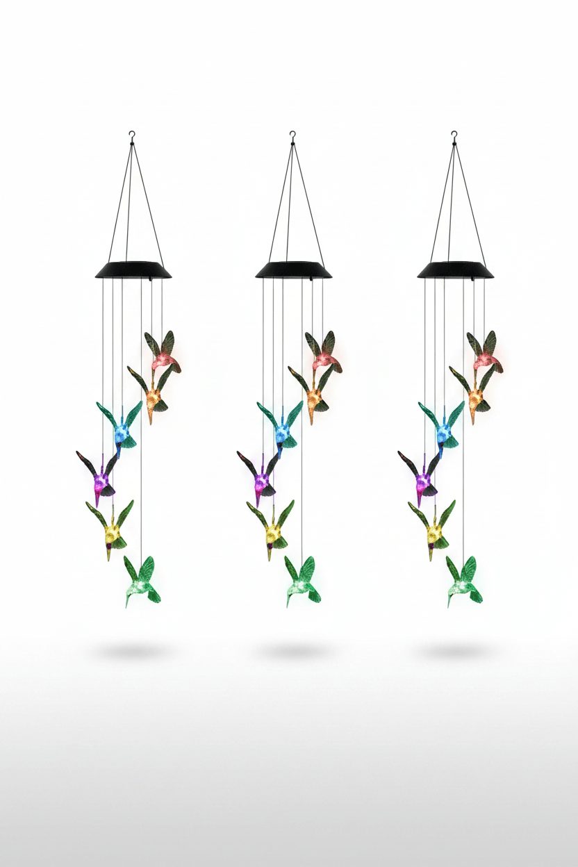 Solar hummingbird wind chime light 3-pack set on white studio background