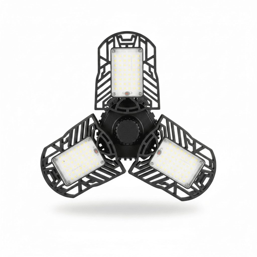 Deformable LED garage light with tri-blade panel on white studio background