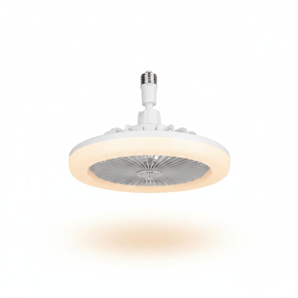 E27 screw-in ceiling fan light on white studio background with remote control