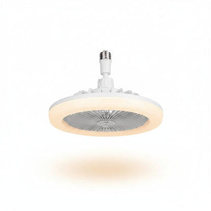 E27 screw-in ceiling fan light on white studio background with remote control