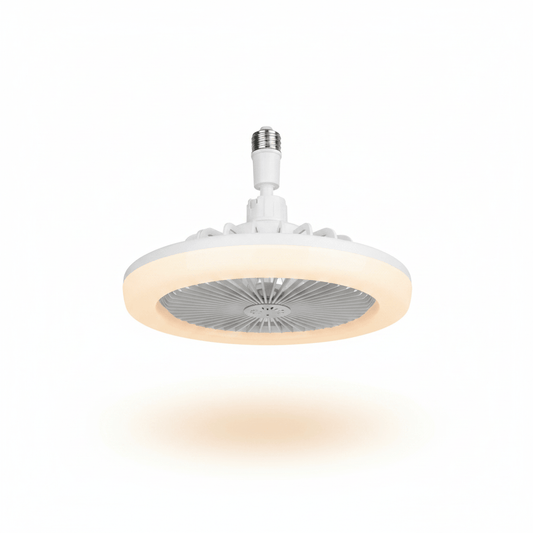 E27 screw-in ceiling fan light on white studio background with remote control