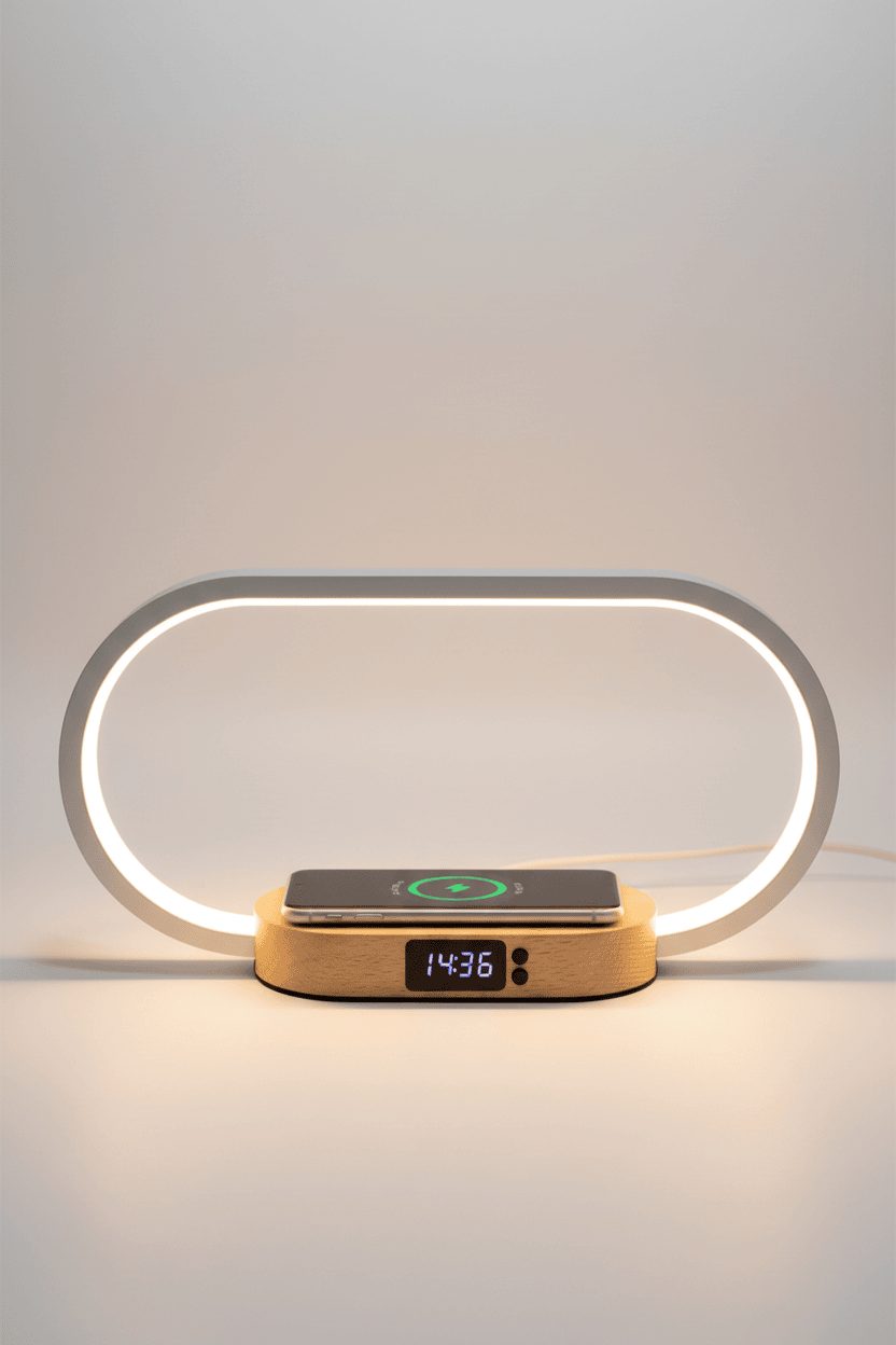Bedside lamp with wireless charging pad on white studio background
