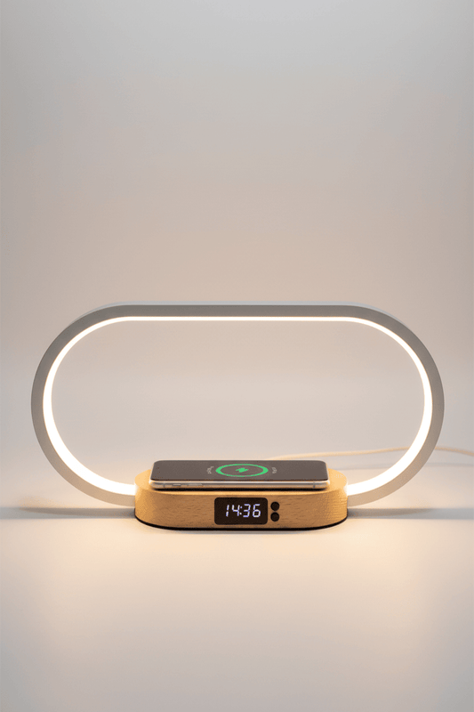 Bedside lamp with wireless charging pad on white studio background