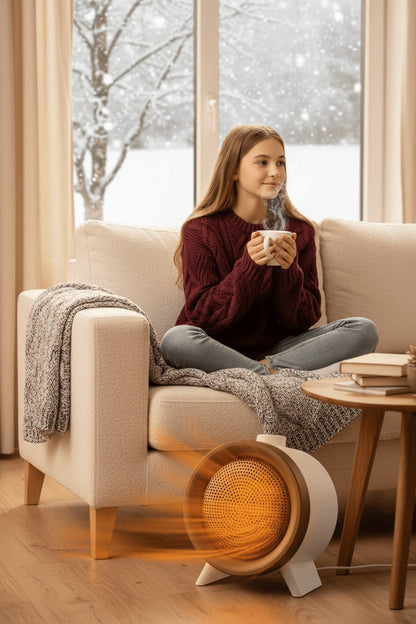 Mini ceramic space heater shown in cozy living room winter home scene