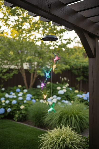 Solar hummingbird wind chime light installed on garden pergola in dayt