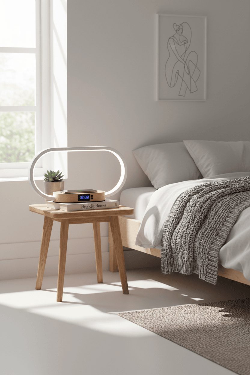 Wireless charging bedside lamp on nightstand in Scandinavian bedroom interior