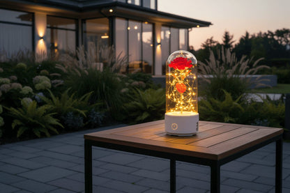 Rose LED night light glowing on desk in ambient room setting