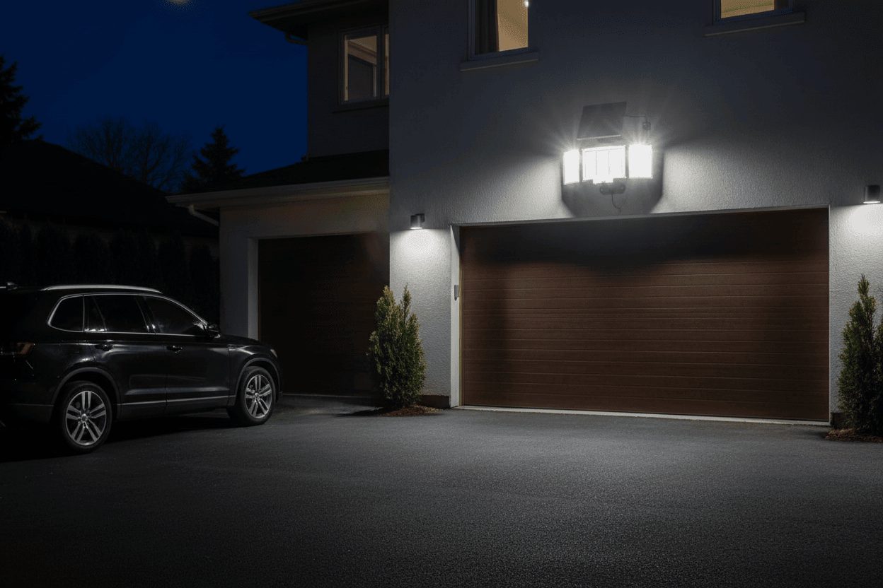 Solar motion sensor light installed on exterior wall illuminating pathway