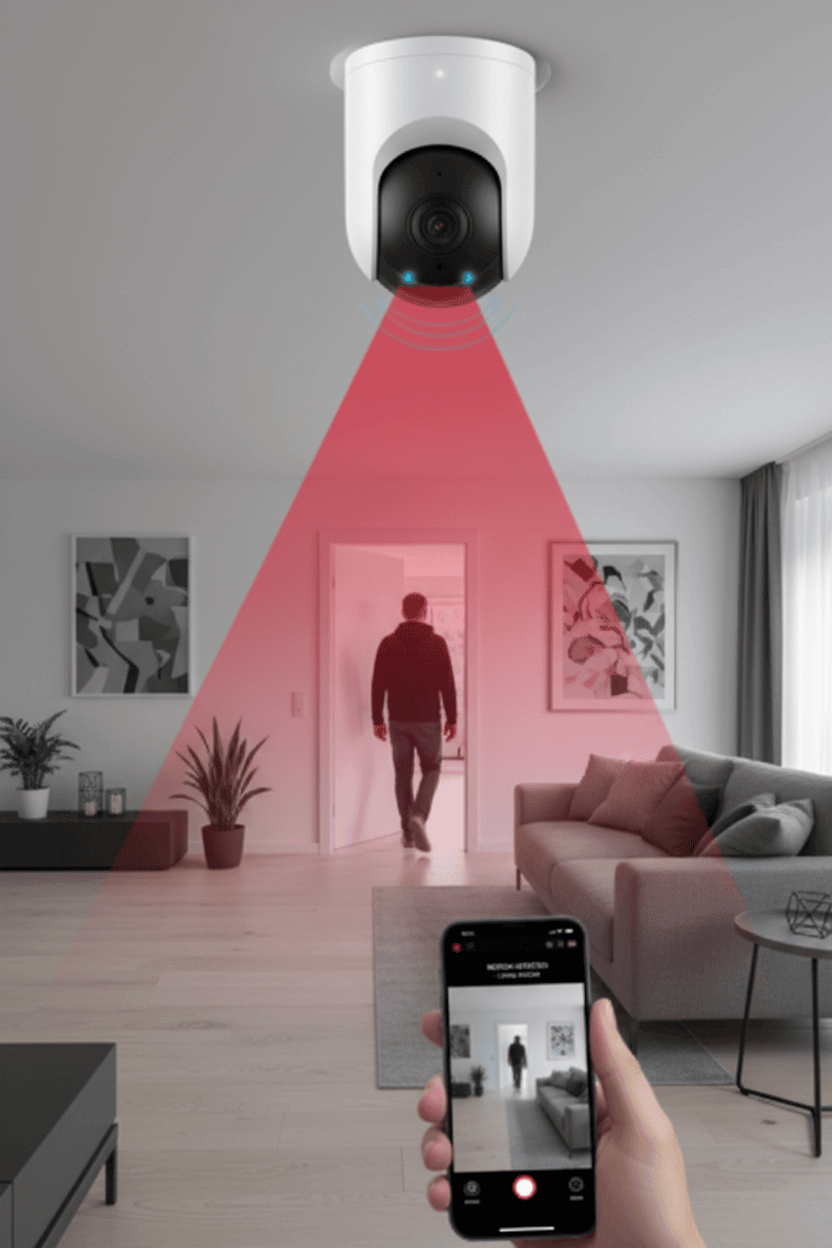 WiFi security camera detecting motion with alert notification on mobile