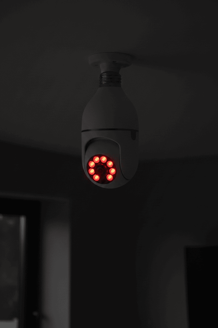 E27 bulb camera showing infrared night vision mode in dark room