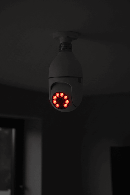E27 bulb camera showing infrared night vision mode in dark room