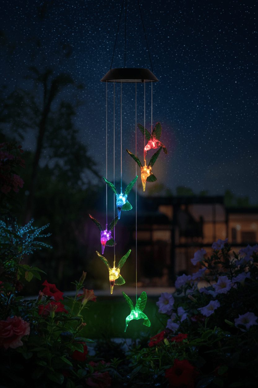 Solar hummingbird wind chime light glowing with color-changing LEDs in magical garden at nigh