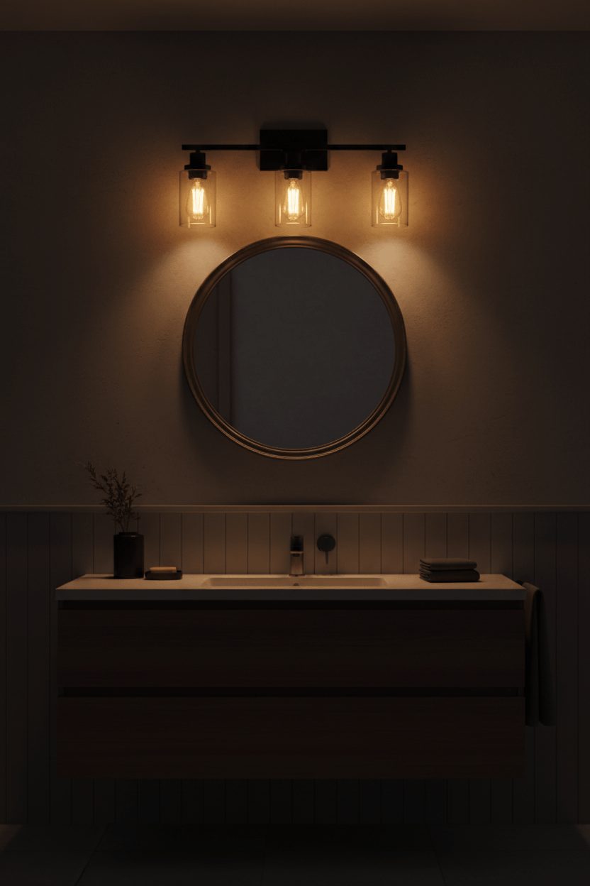Matte black wall sconce casting warm ambient light in spa bathroom at night