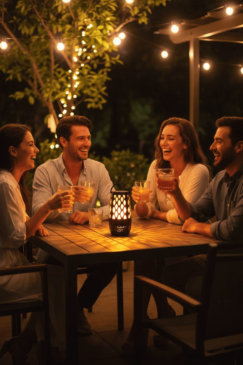 Outdoor LED flame speaker glowing on patio during night friends gathering