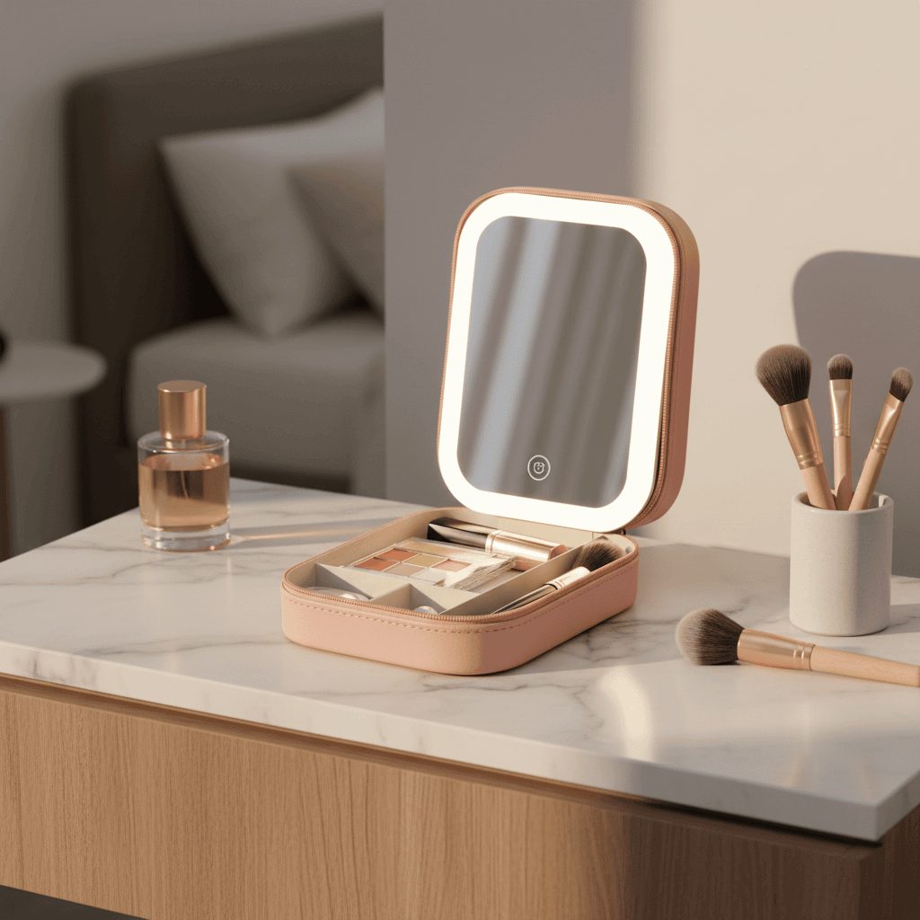 Pink travel makeup bag with LED mirror open on dressing table