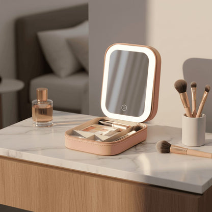 Pink travel makeup bag with LED mirror open on dressing table