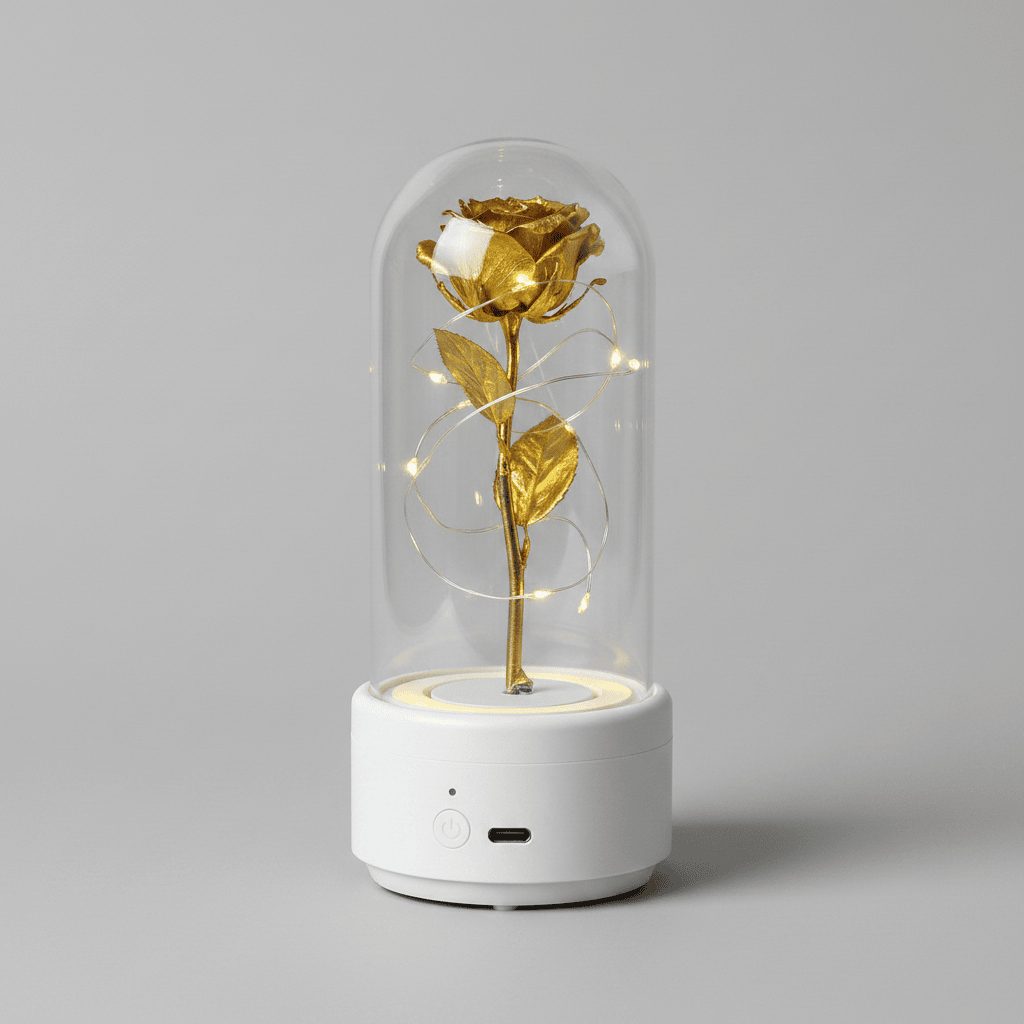 Rear view of rose LED night light showing base and charging port