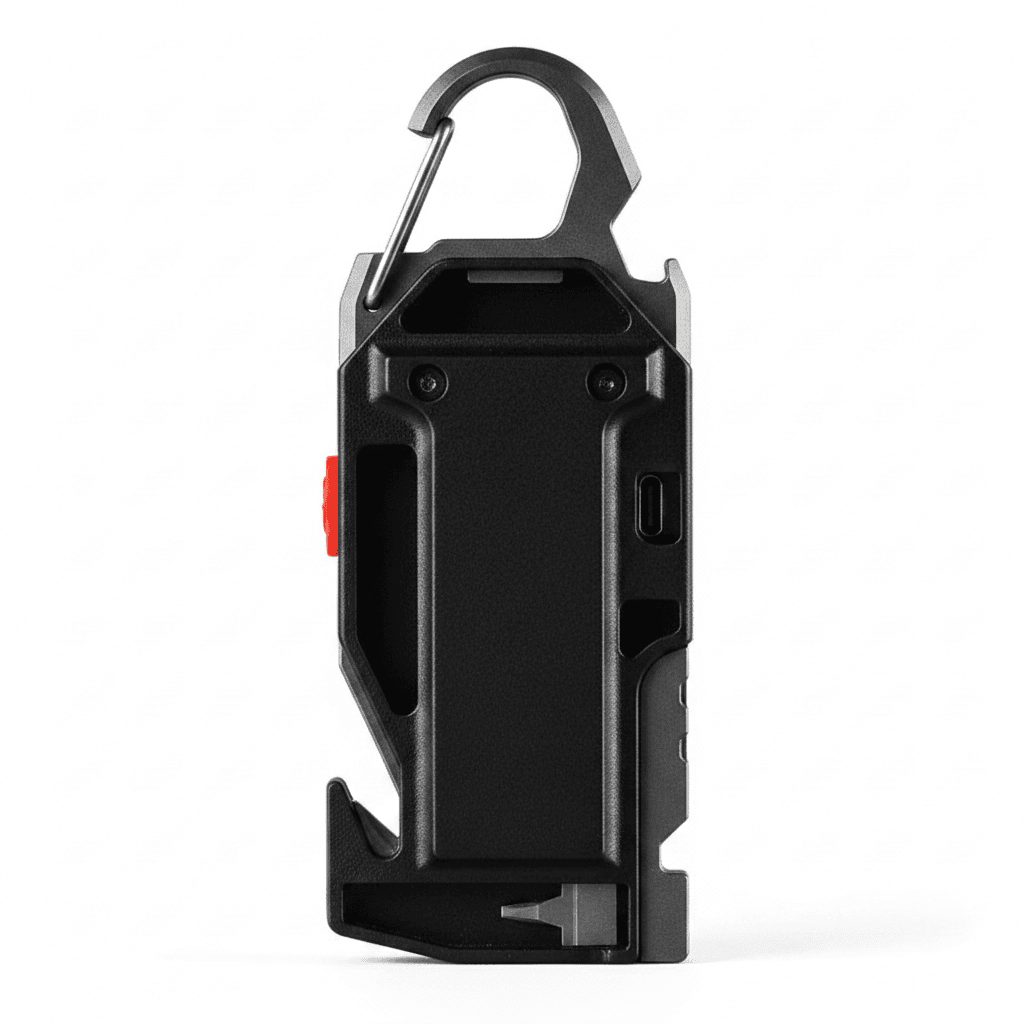 Rear view of COB keychain light showing clip and charging port