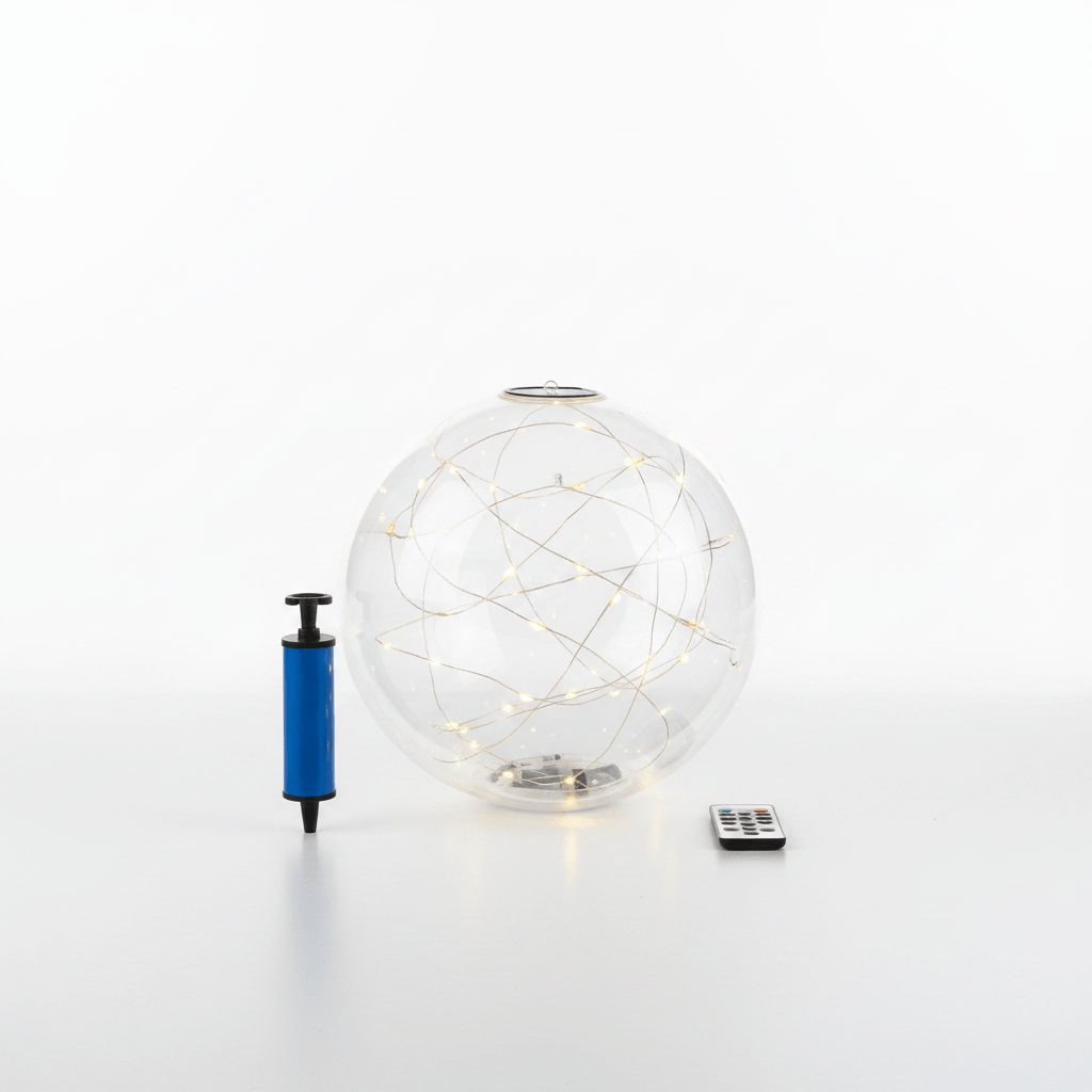 Inflatable solar pool light globe on white studio background with LED glow