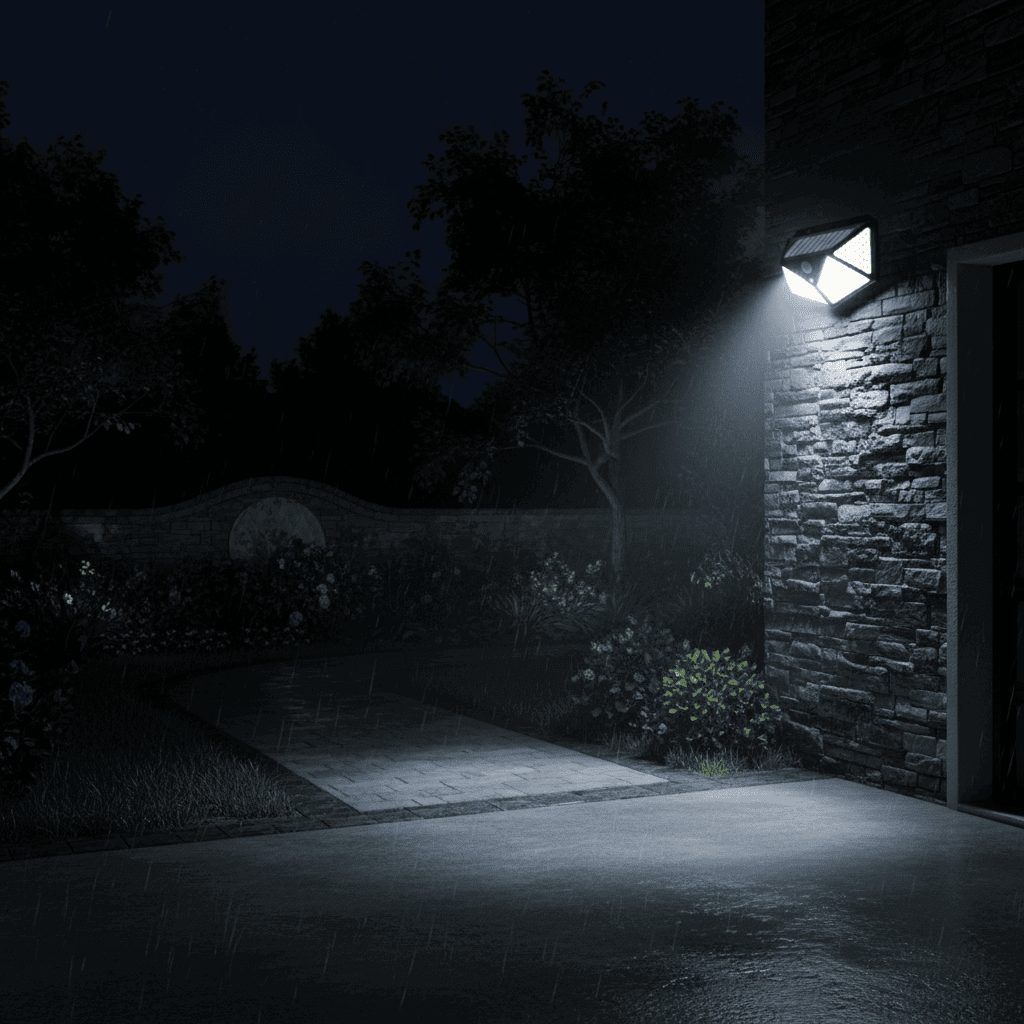 Solar wall light illuminating driveway and pathway at night with wide-angle LED coverage