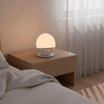 Smart alarm clock on nightstand in modern bedroom with morning light