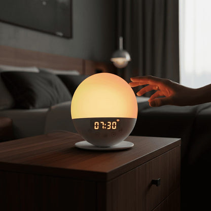 Sunrise alarm clock showing wake-up light simulation on bedside table