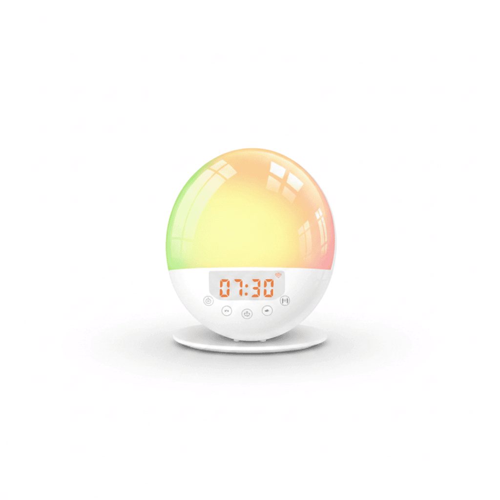 Smart sunrise alarm clock on white studio background with LED ring glowing