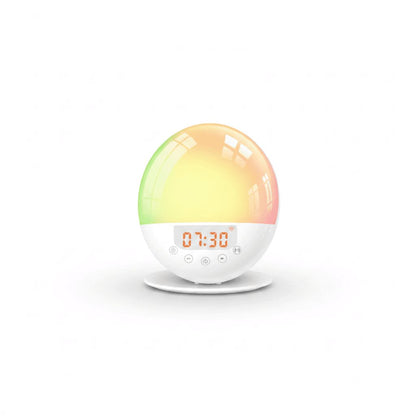 Smart sunrise alarm clock on white studio background with LED ring glowing