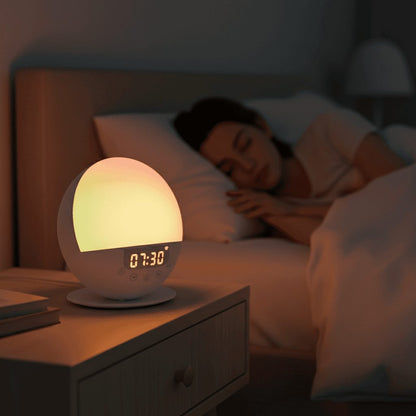 Sunrise alarm clock on bedside table glowing warm orange in dark bedroom