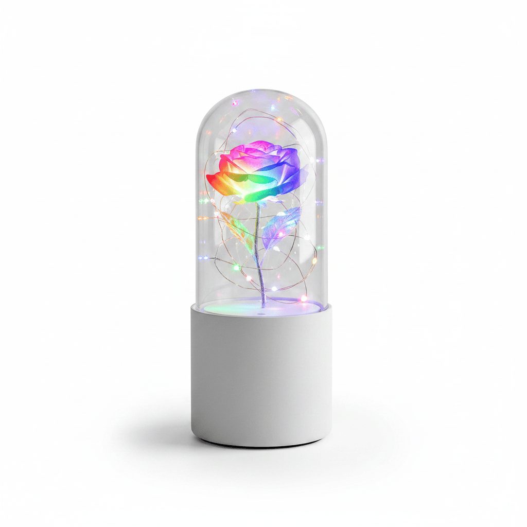 Rose LED night light with white base and multicolor flower on white background