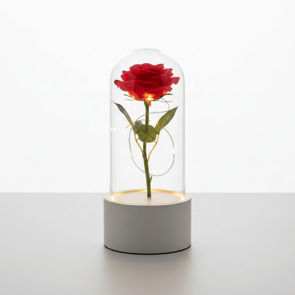 Rose LED night light with white base and red flower on white background
