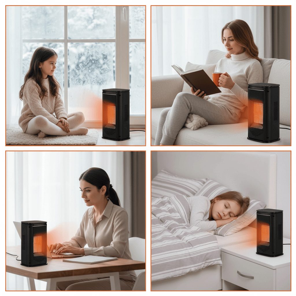 Ceramic space heater shown in home office and bedroom use scenarios